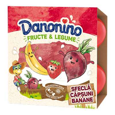Danonino brânzică de vaci cu piure de banane, căpșuni și sfeclă roșie Danonino brânzică de vaci cu piure de banane, căpșuni și sfeclă roșie